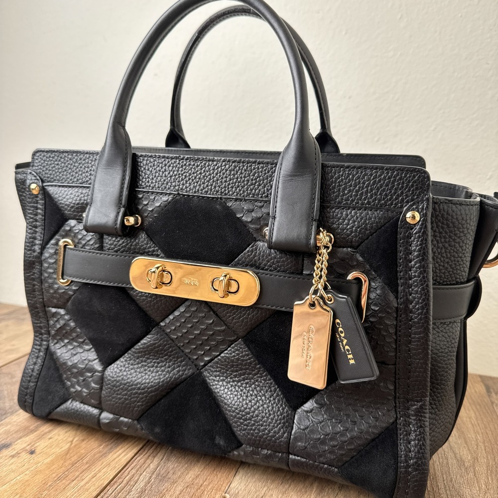 Coach Swagger in Patchwork Pebble Leather Satchell Handbag Black Gold Hardware - Picture 3 of 16